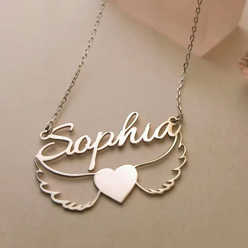 Angle Flying Heart Name Necklace-Custom Name Necklace-Sairahaz Jewelers
