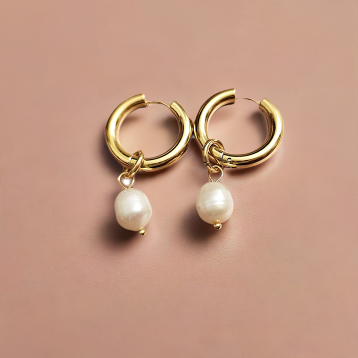 Freshwater Pearl Drop Earrings hoop - Bold and Minimalist Elegance Step into a world of refined with our Freshwater Pearl Drop Earrings. Gift for her. flat serface