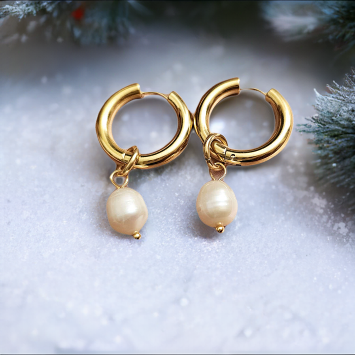 Freshwater Pearl Drop Earrings hoop - Bold and Minimalist Elegance Step into a world of refined with our Freshwater Pearl Drop Earrings. Gift for her. in snow