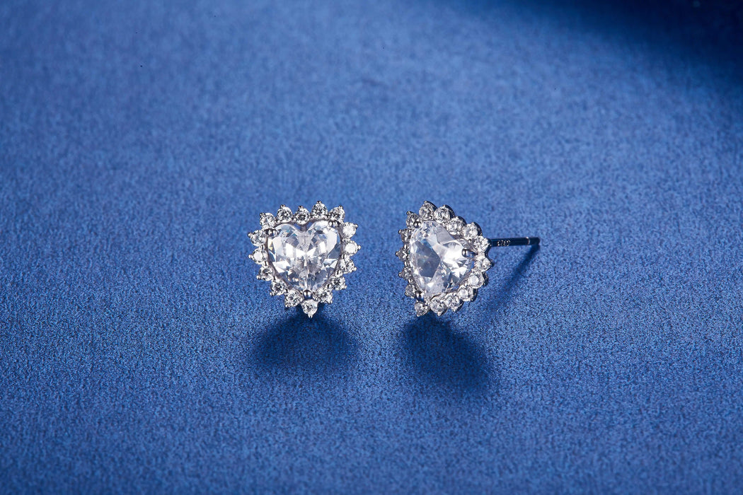 Sterling Silver CZ Heart Stud Earrings