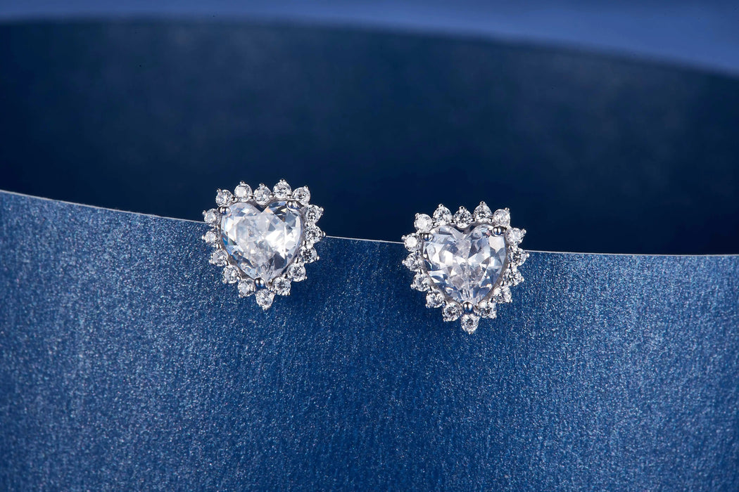 Sterling Silver CZ Heart Stud Earrings