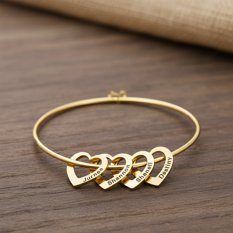 Family Custom Name Heart Bangle with Personalized Engraving