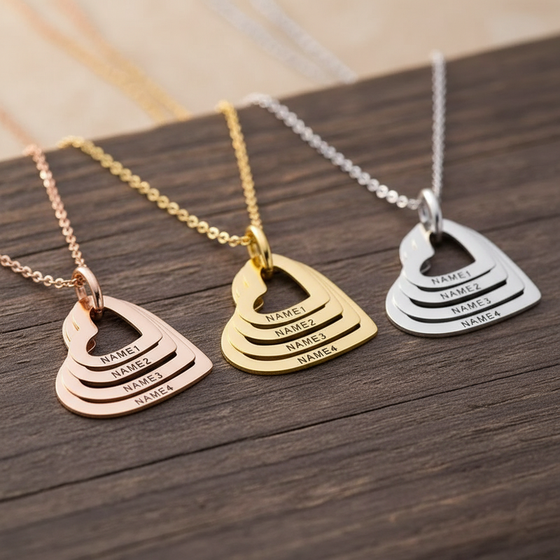 Personalized Heart Necklace with Custom Engraved Family Names