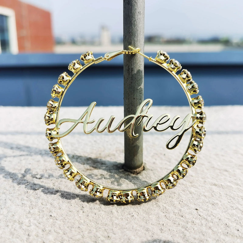 Rhinestone Custom Name Earrings Hoop