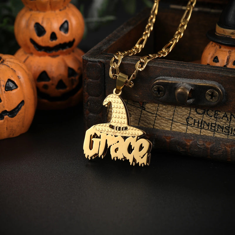 Personalized Name Witch Hat BOO Pendant Necklace