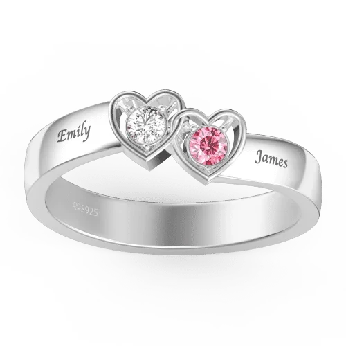 2 Hearts Name Birthstone Ring