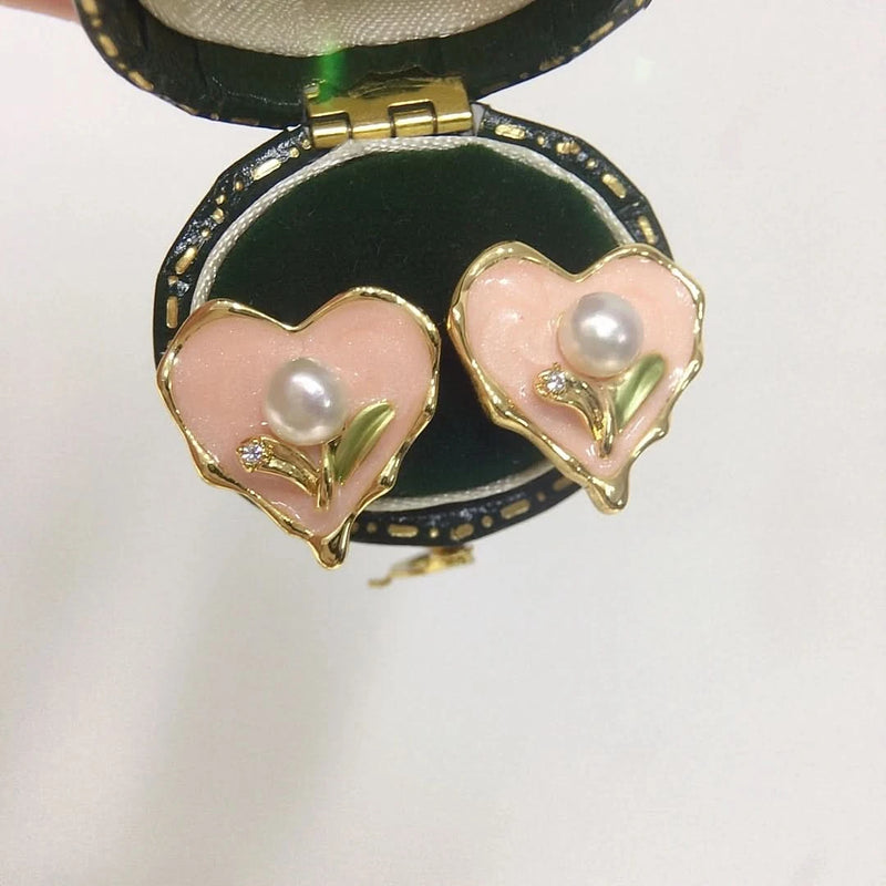 Enamel Pink Heart-Shaped Pearl Earrings