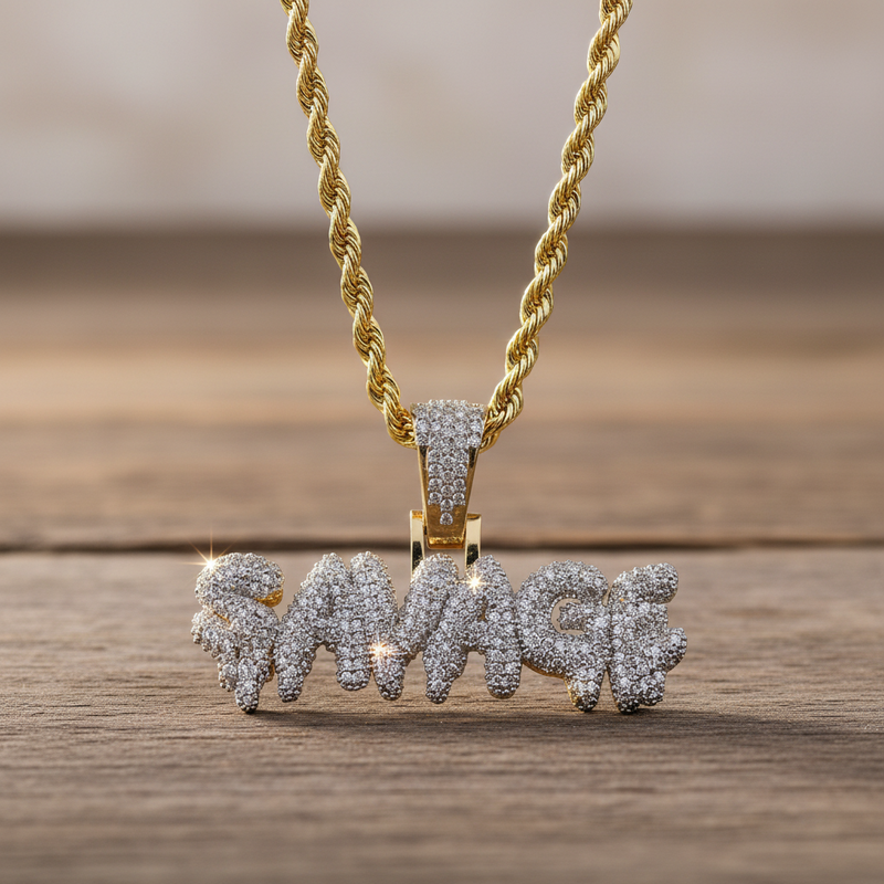 Iced Out CZ Drip Bubble Custom Name Necklace with Stainless Steel Rope Chain