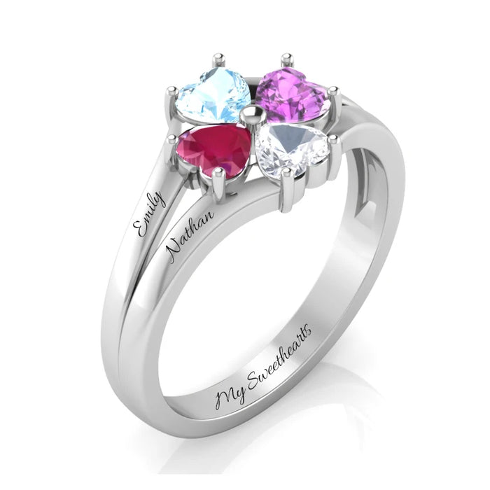 Sterling Silver 4 CZ Hearts Custom Name Birthstone Ring