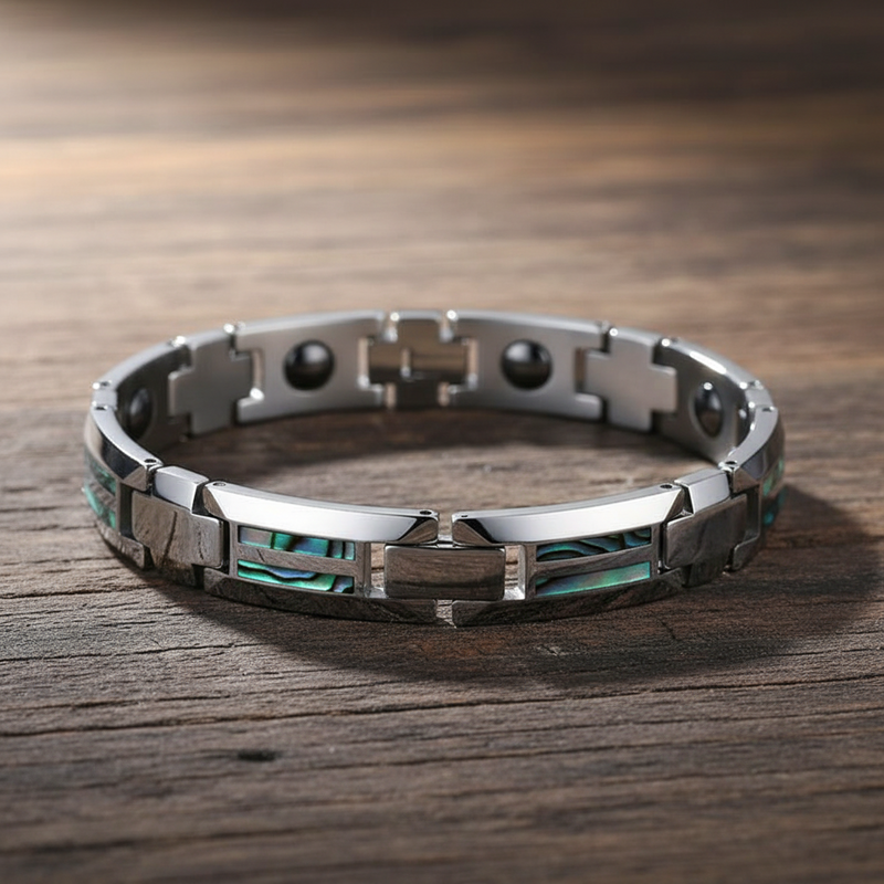 Bracelet homme en carbure de tungstène avec aimants et coquille d'ormeau