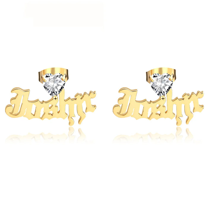 Heart CZ Birthstone Custom Name Earrings Stud