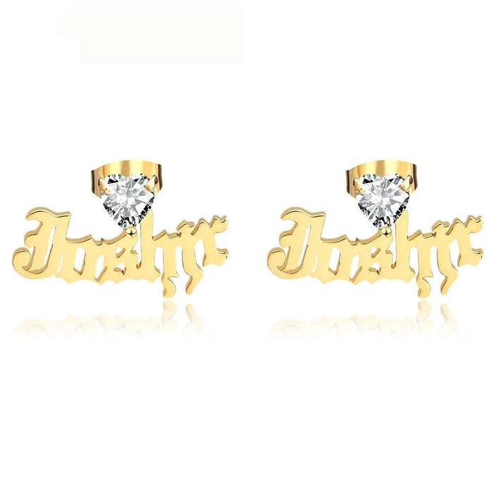 Heart CZ Birthstone Custom Name Earrings Stud
