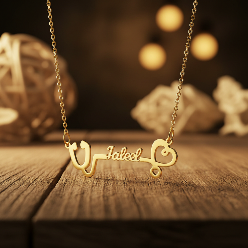 Personalized stethoscope name necklace in 18K gold plated finish