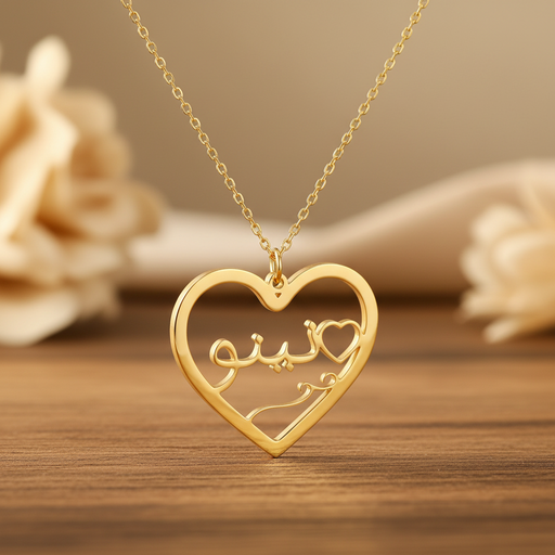 Arabic heart name necklace with a polished custom double heart pendant