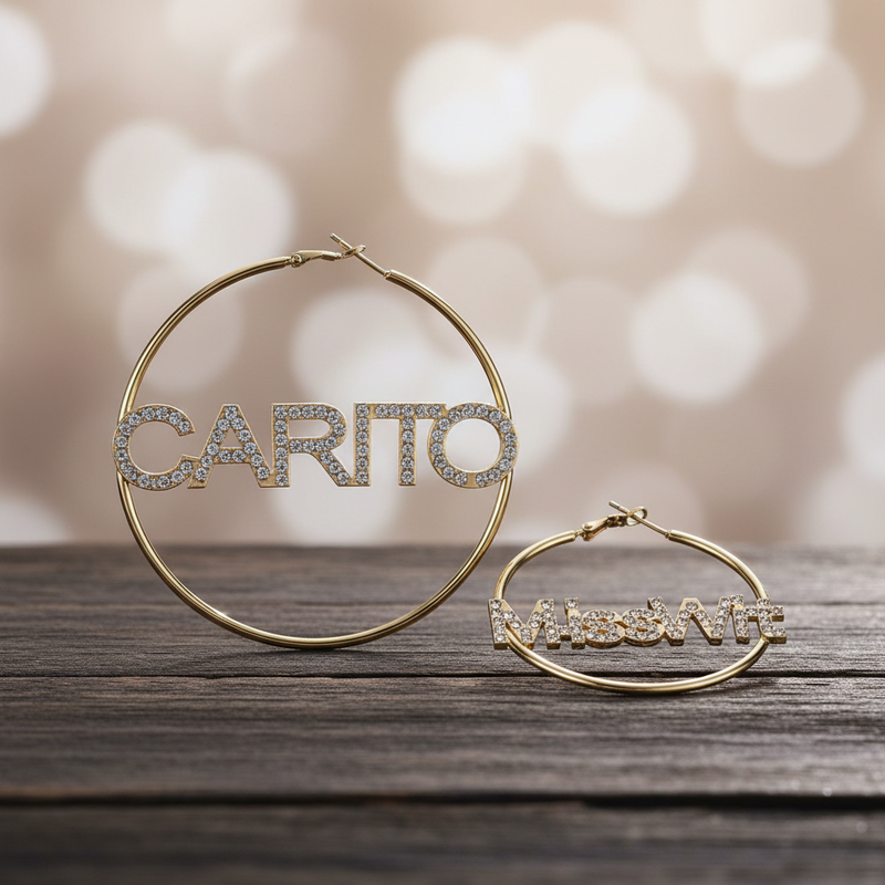 Boucles d'oreilles créoles personnalisées avec nom en oxyde de zirconium – en or, or rose et argent