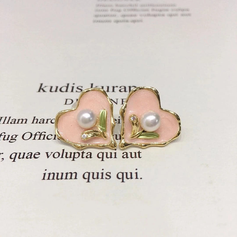 Enamel Pink Heart-Shaped Pearl Earrings
