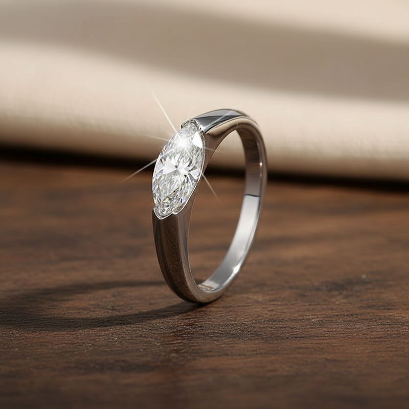 Marquise diamond sterling silver minimalist ring with slim stackable band