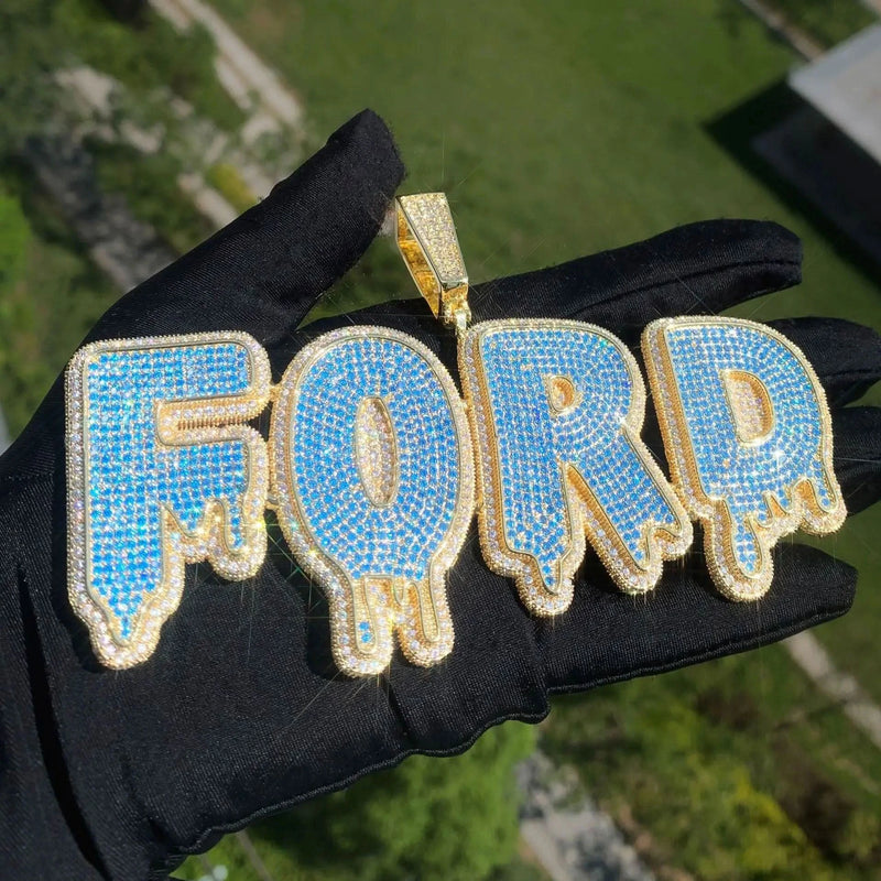 CZ Double Stack Blue Dripping Custom Name Necklace