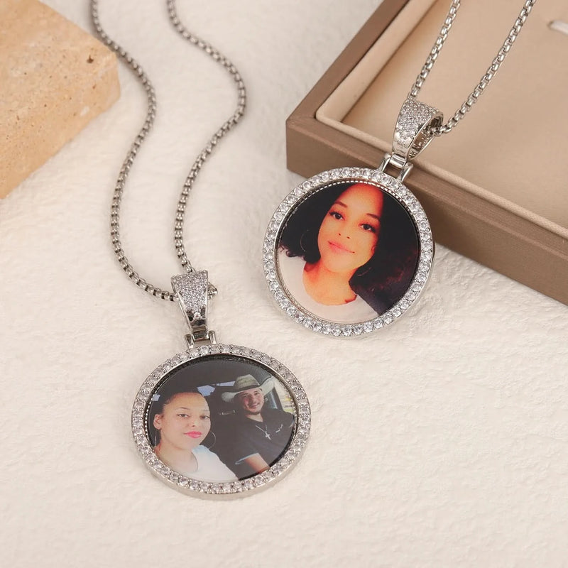 Picure Round Pendent CZ Frame Caharm Necklace
