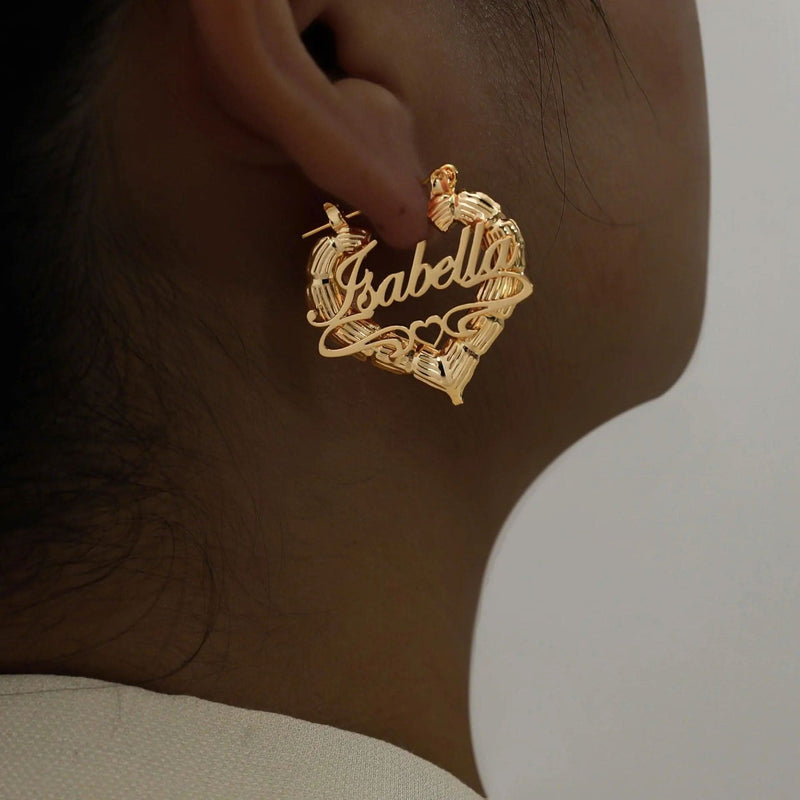 Custom Name Heart Bamboo Earrings – Gold, Rose Gold, or Silver