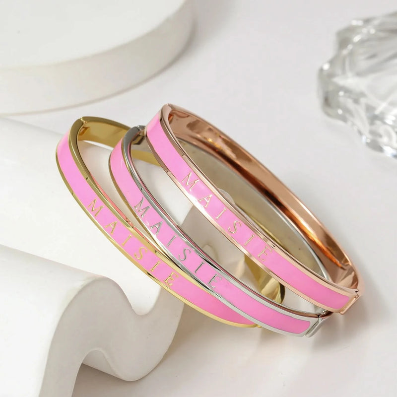Personalized Pink Enamel Name Bangle Bracelet