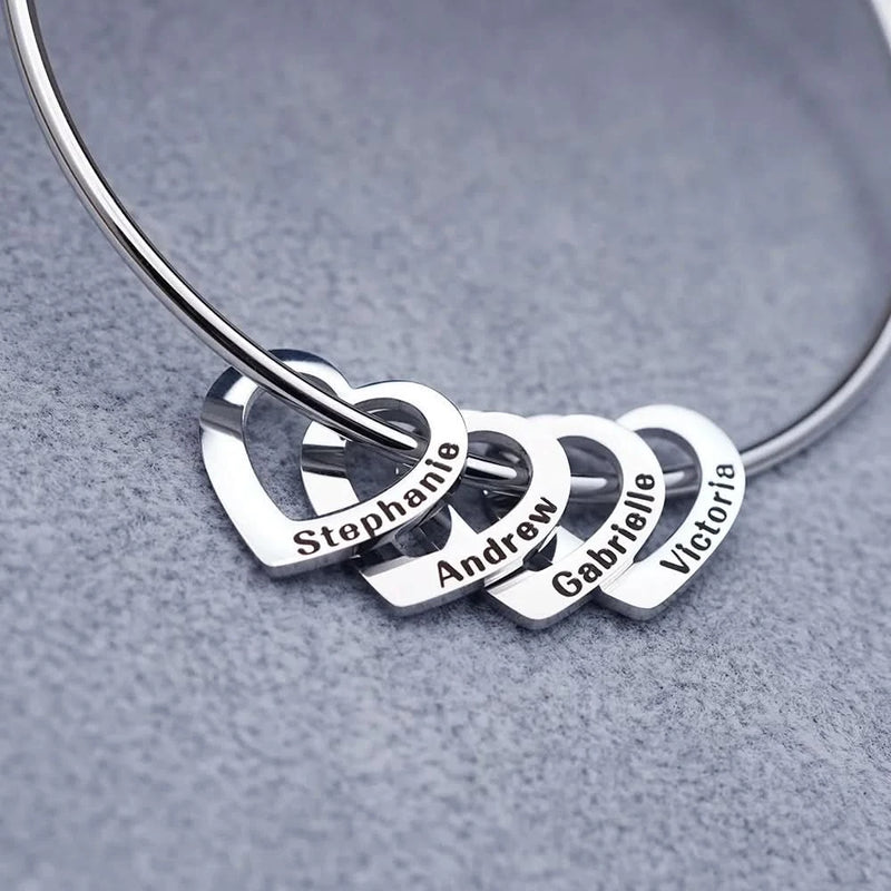 Family Custom Name Heart Bangle - Personalized Engraving