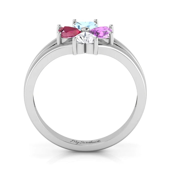 Sterling Silver 4 CZ Hearts Custom Name Birthstone Ring