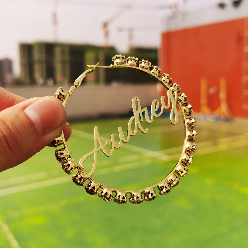 Rhinestone Custom Name Earrings Hoop