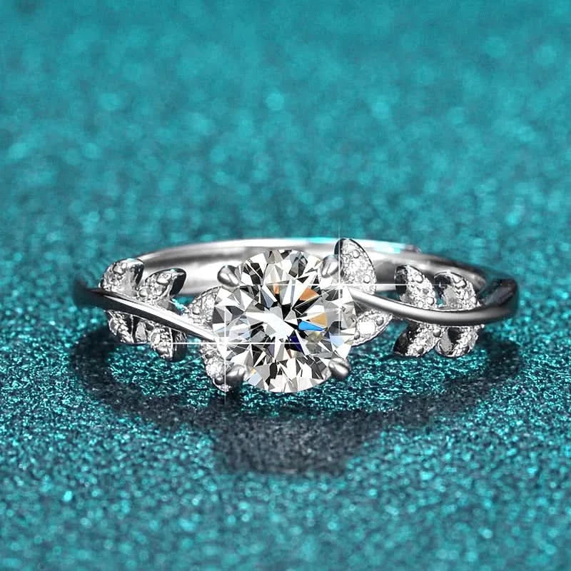 Leaf Vine Round Solitaire Engagement Ring 925 Silver
