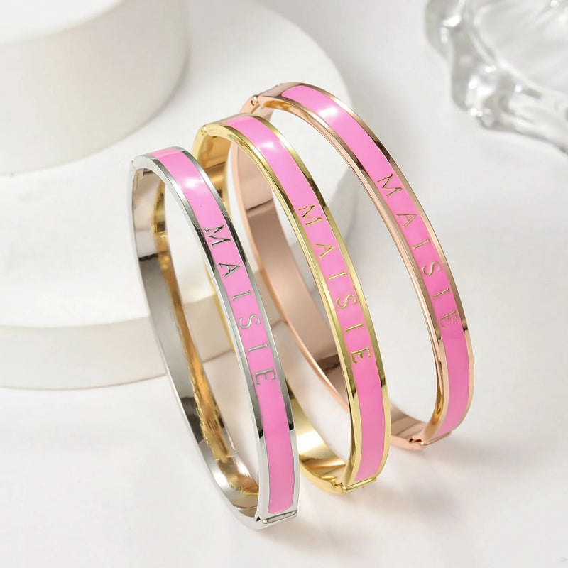 Personalized Pink Enamel Name Bangle Bracelet