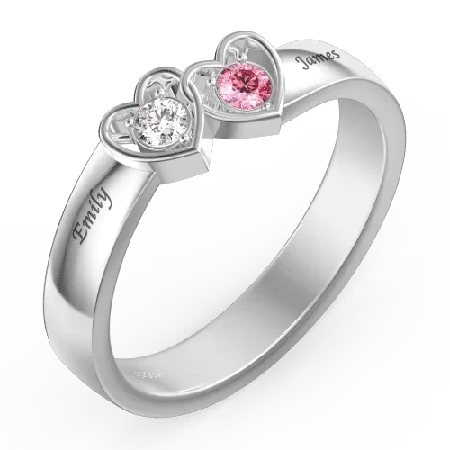 2 Hearts Name Birthstone Ring