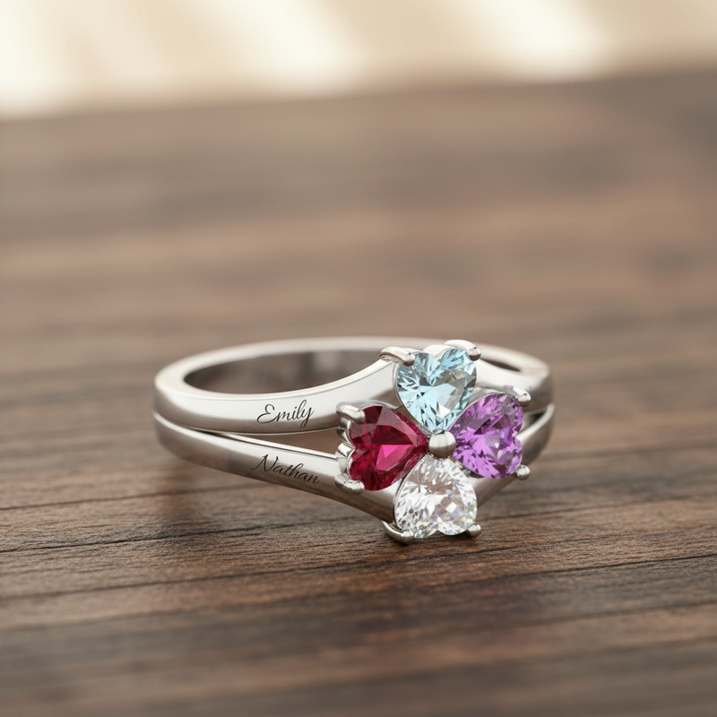 Sterling Silver 4 CZ Hearts Custom Name Birthstone Ring