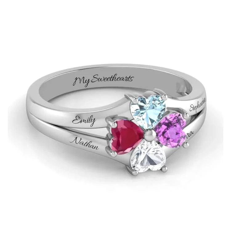 Sterling Silver 4 CZ Hearts Custom Name Birthstone Ring