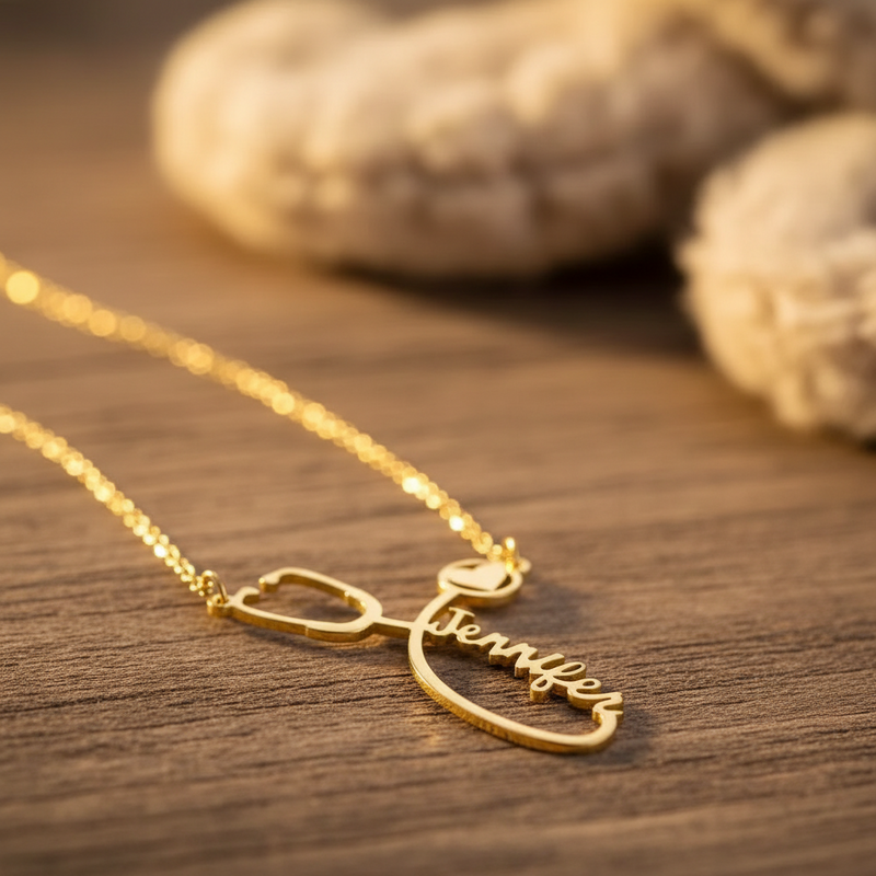 Custom name stethoscope heart necklace with personalized script detail