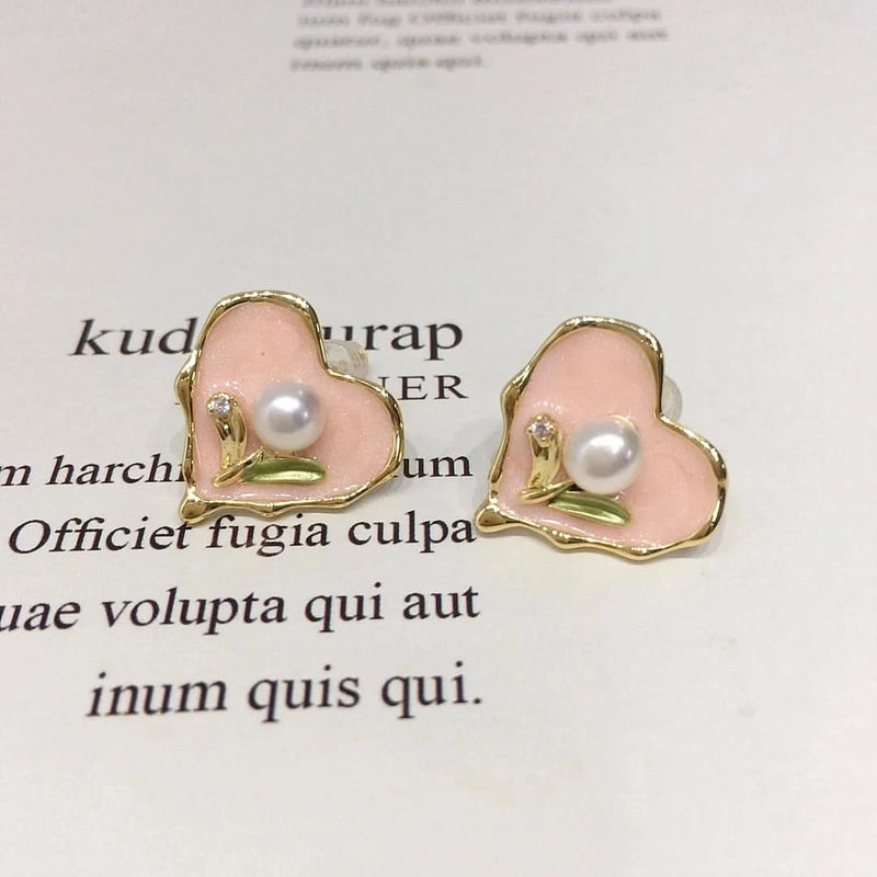 Enamel Pink Heart-Shaped Pearl Earrings