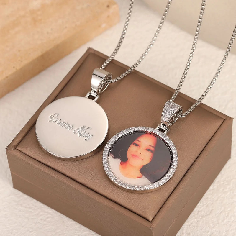 Picure Round Pendent CZ Frame Caharm Necklace