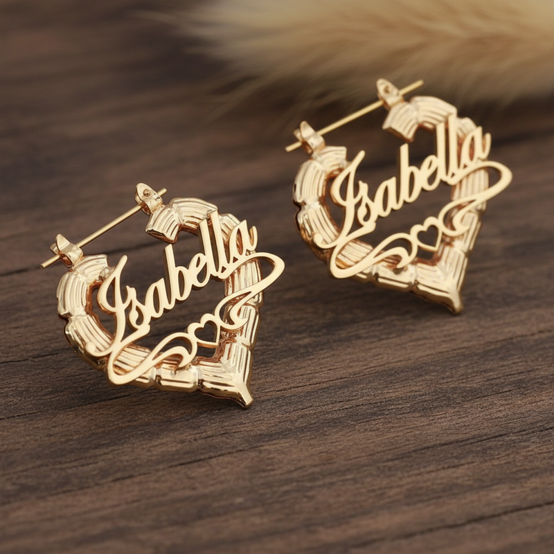 Custom Name Heart Bamboo Earrings – Gold, Rose Gold, or Silver