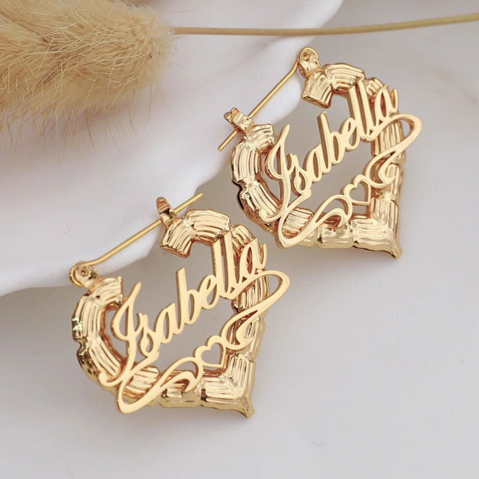 Custom Name Heart Bamboo Earrings
