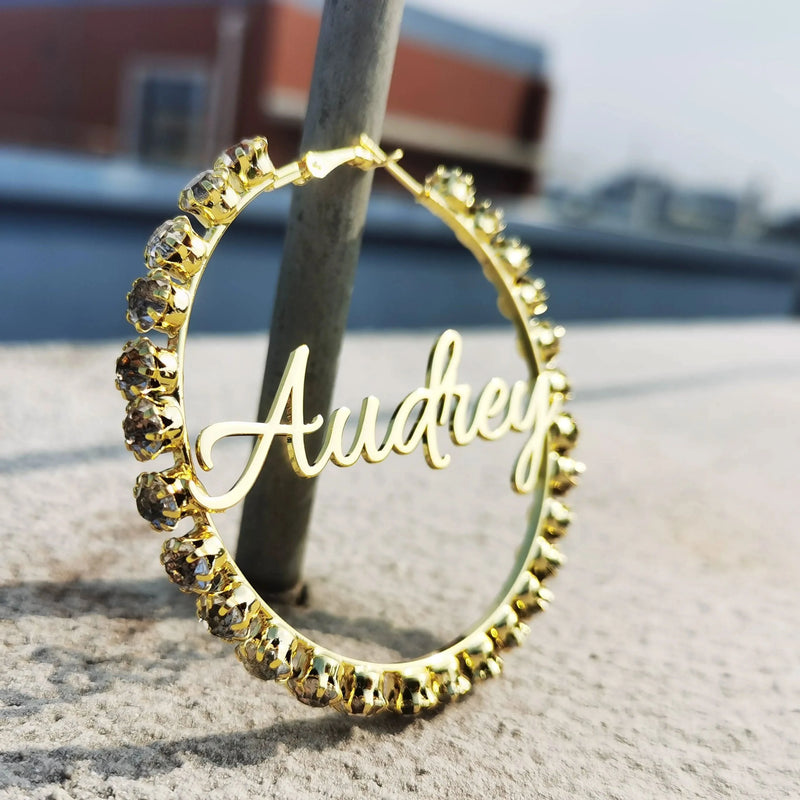 Rhinestone Custom Name Earrings Hoop