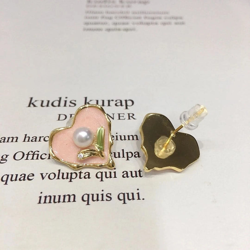 Enamel Pink Heart-Shaped Pearl Earrings