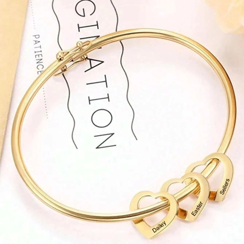 Family Custom Name Heart Bangle - Personalized Engraving