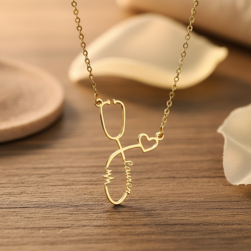 Heartbeat stethoscope custom name necklace with personalized pendant detail