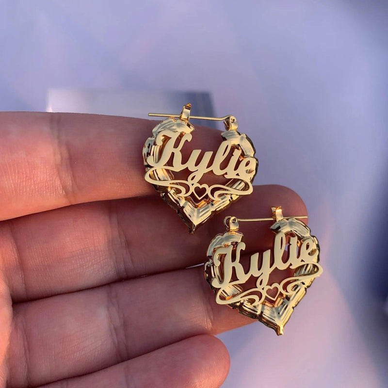 Custom Name Heart Bamboo Earrings – Gold, Rose Gold, or Silver