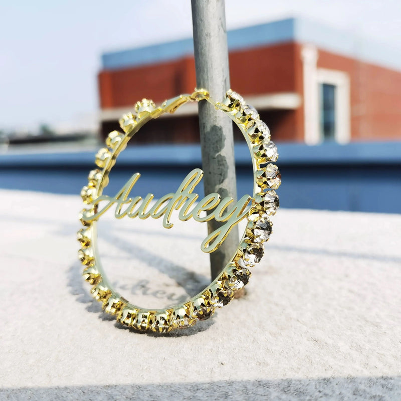 Rhinestone Custom Name Earrings Hoop