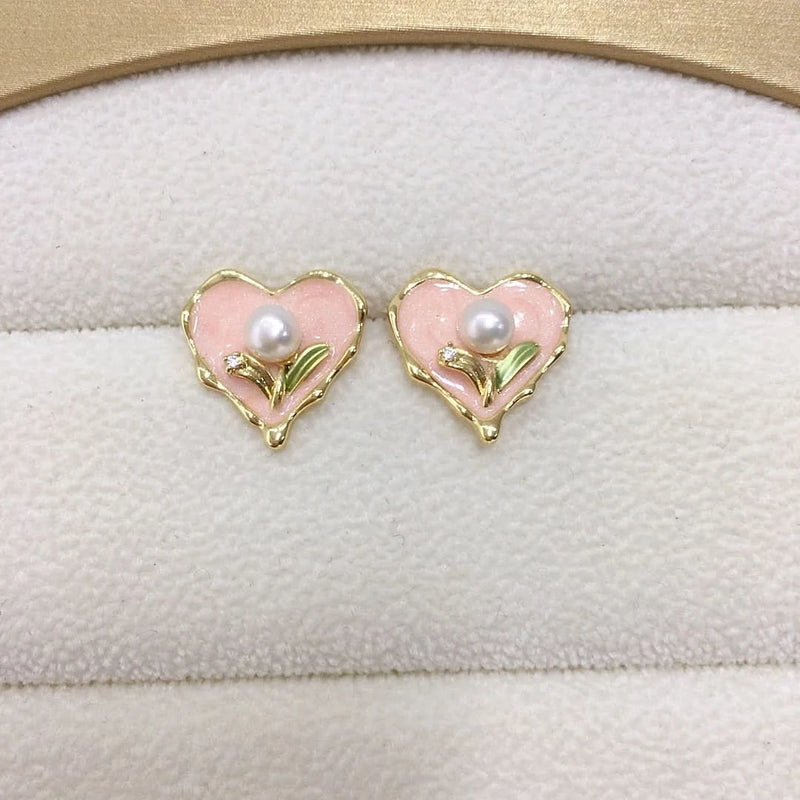 Enamel Pink Heart-Shaped Pearl Earrings