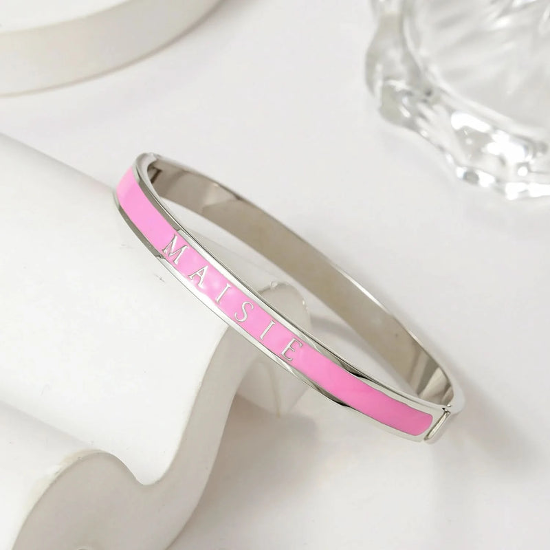 Personalized Pink Enamel Name Bangle Bracelet