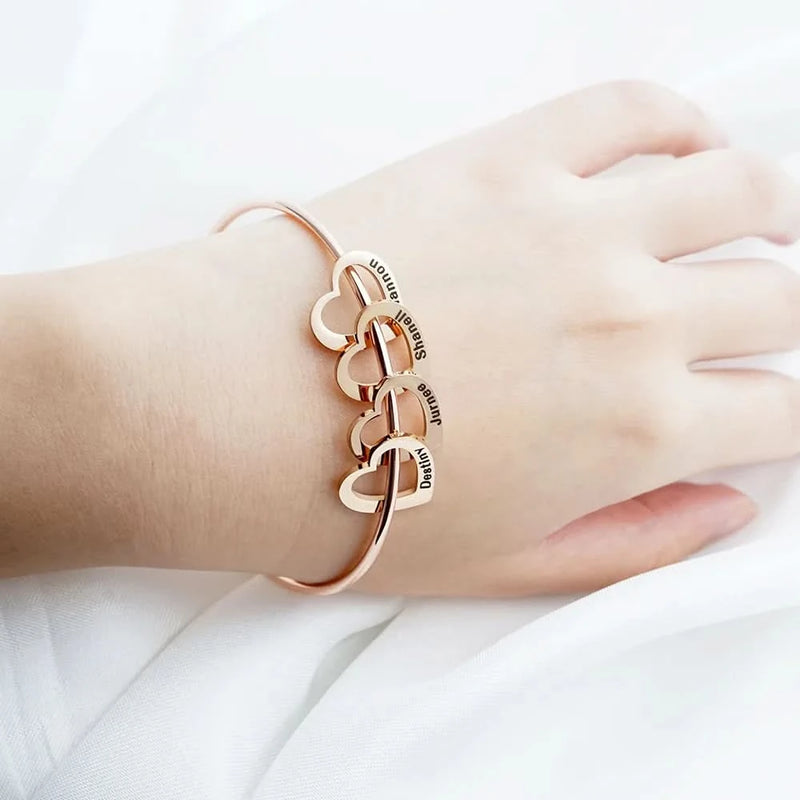 Family Custom Name Heart Bangle - Personalized Engraving
