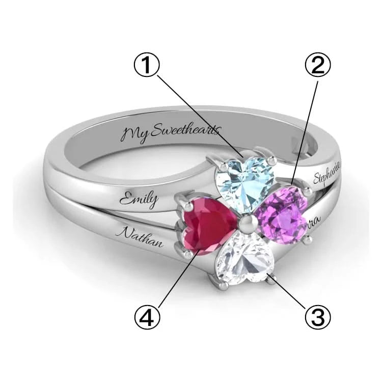 Sterling Silver 4 CZ Hearts Custom Name Birthstone Ring