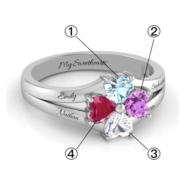 Sterling Silver 4 CZ Hearts Custom Name Birthstone Ring
