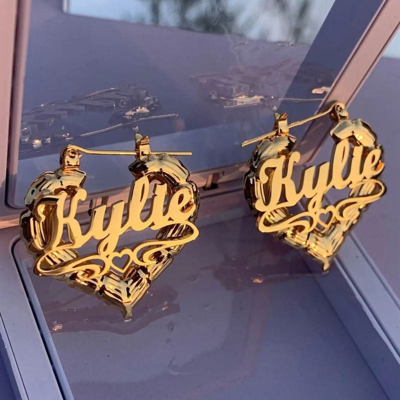 Custom Name Heart Bamboo Earrings – Gold, Rose Gold, or Silver